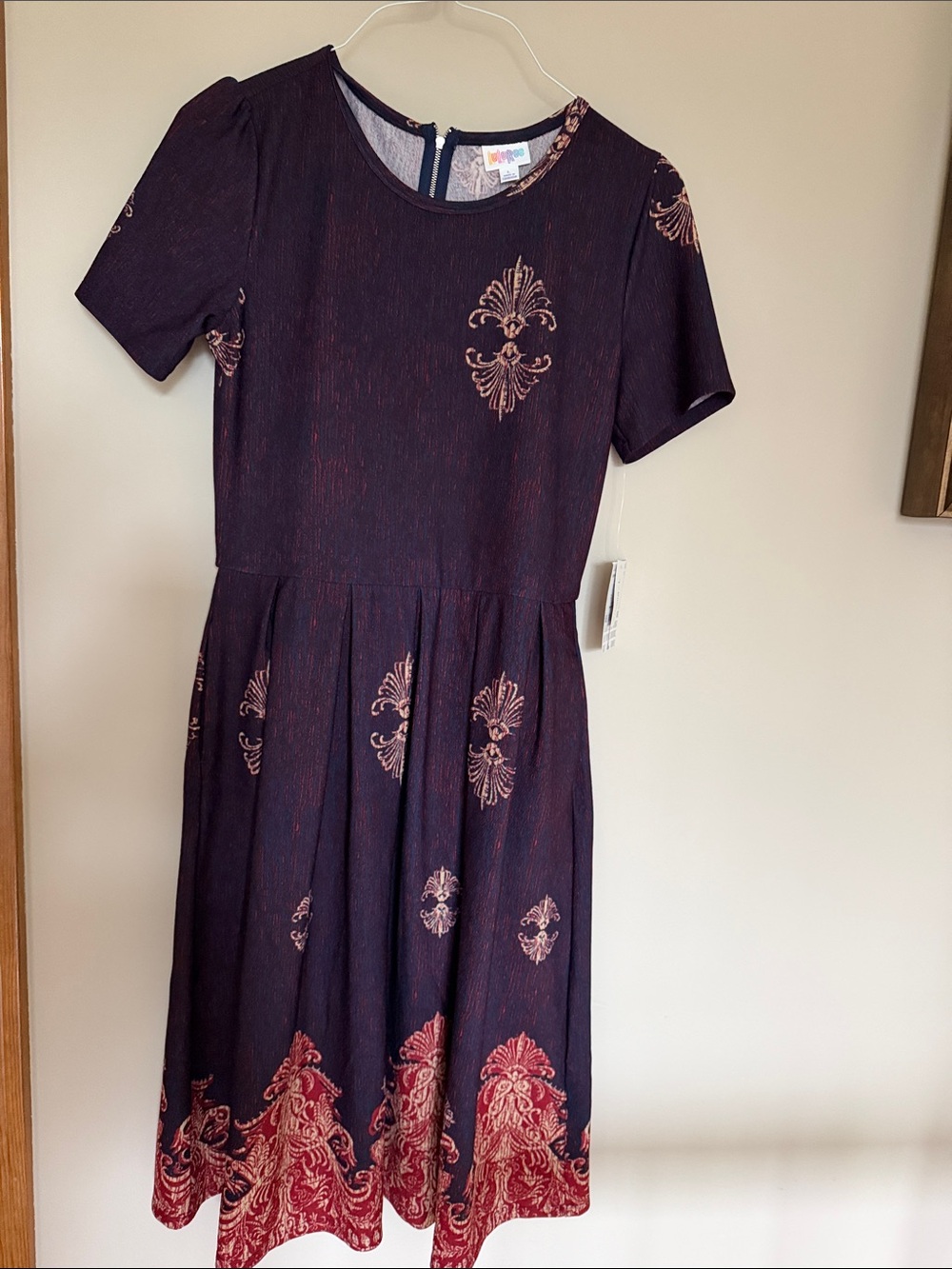 LuLaRoe Navy Midi Dress with Red Border Print
